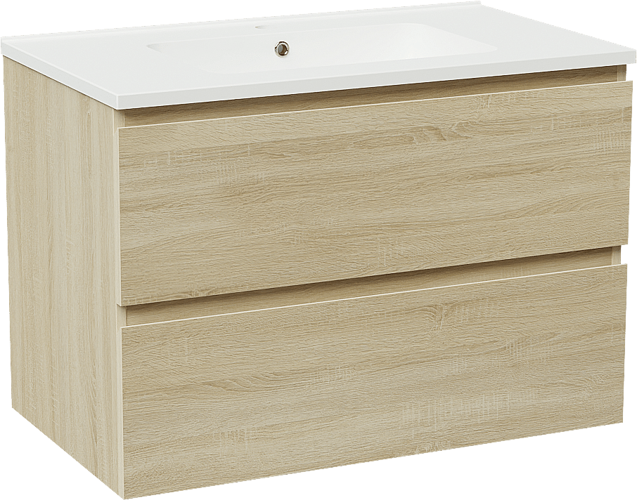 Linie Lado zwevend badmeubel 80 x 46 cm wit eiken met Vano enkele wastafel in composietmarmer mat wit