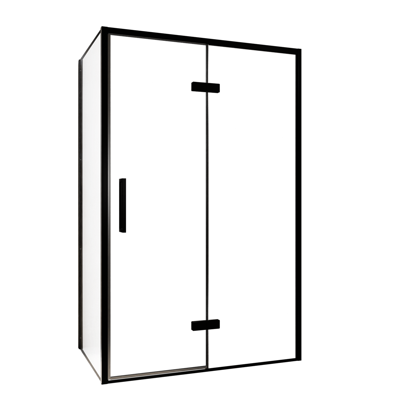 Balmani Senses Design douche en coin avec porte pivotante à droite et paroi latérale fixe, 120 x 90 cm, Verre transparent, Profil noir, coating inclus