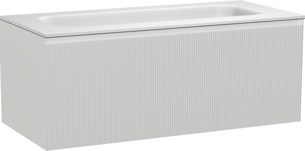 Balmani Fila zwevend badmeubel 120 x 55 cm mat wit met Tablo Arcato enkele wastafel voor 2 kraangaten in solid surface mat wit, Verticale symmetrische rechte ribbel