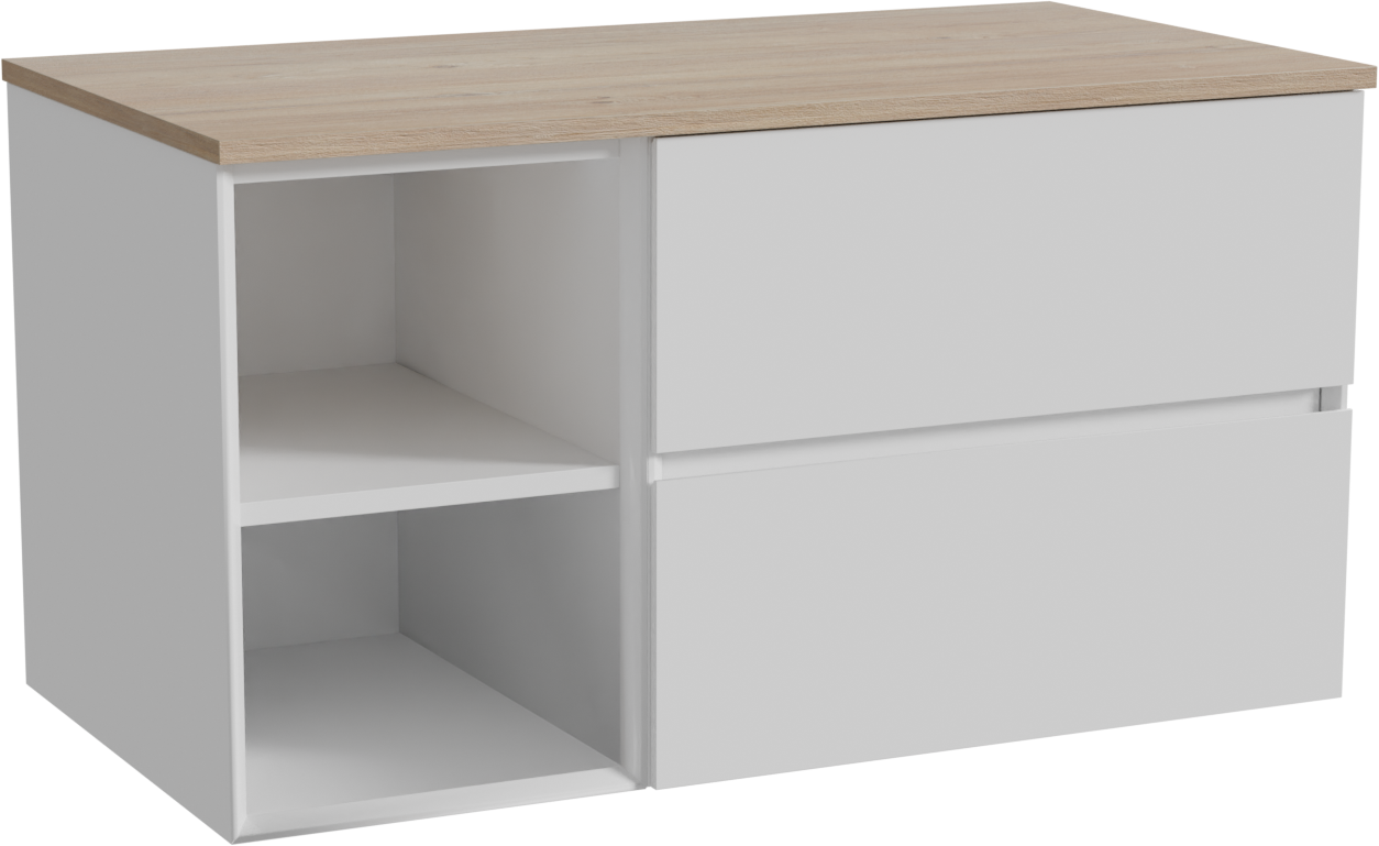 Storke Edge hängendes Möbelstück Set: 100 x 52 cm, Weiß glänzend, mit Panton Einzel Waschtischplatte, Melamin Rohe Eiche