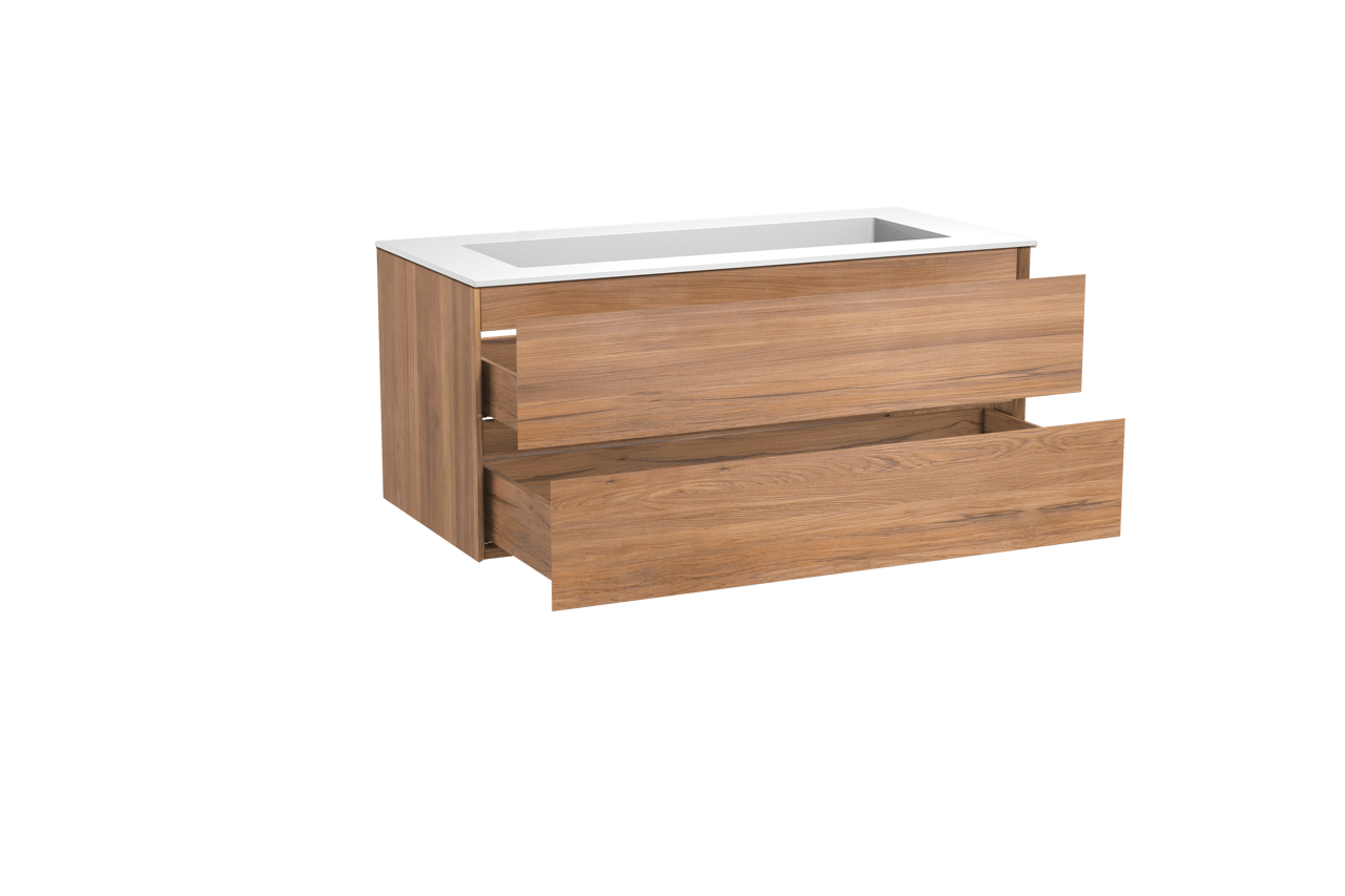 Balmani Mitra zwevend badkamermeubel 120 x 55 cm teak met Tablo Stretto enkele wastafel voor 2 kraangaten in solid surface mat wit