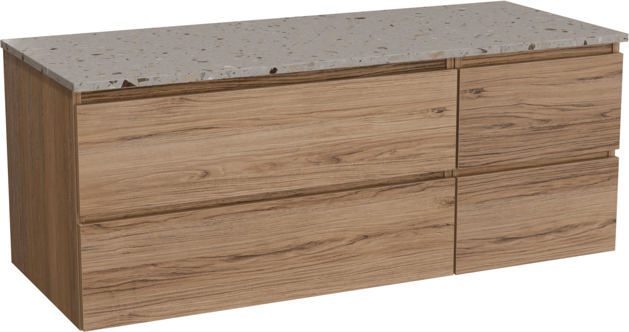 Balmani Lucida zwevend badkamermeubel 135 x 55 cm teak met Stretto enkel of dubbel tablet in terrazzo greige terrazzo