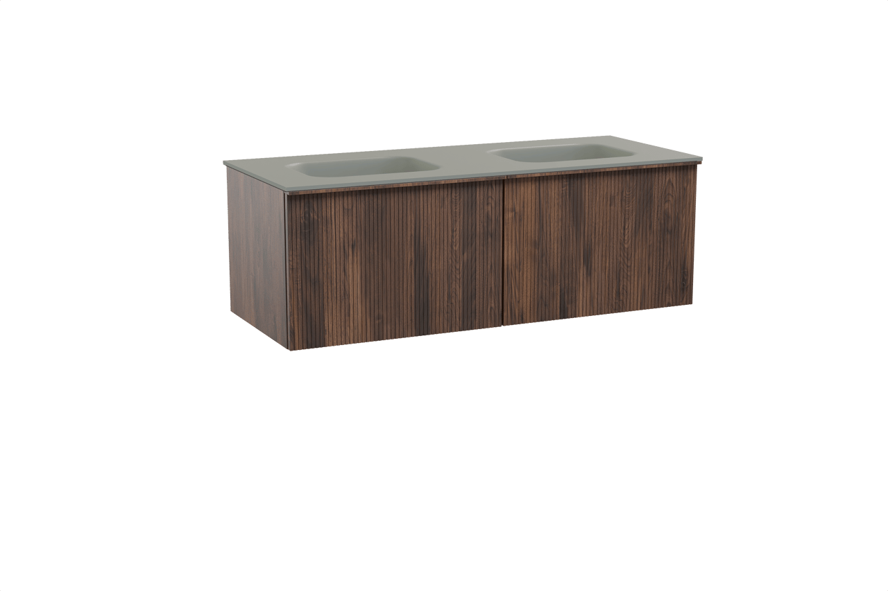 Balmani Forma hängendes Möbelstück Set: 135 x 55 cm, Amerikanischer Nussbaum, mit Tablo Arcato Doppelwaschtisch, Solid Surface, Steingrau, Vertikale symmetrische gerade Rippe