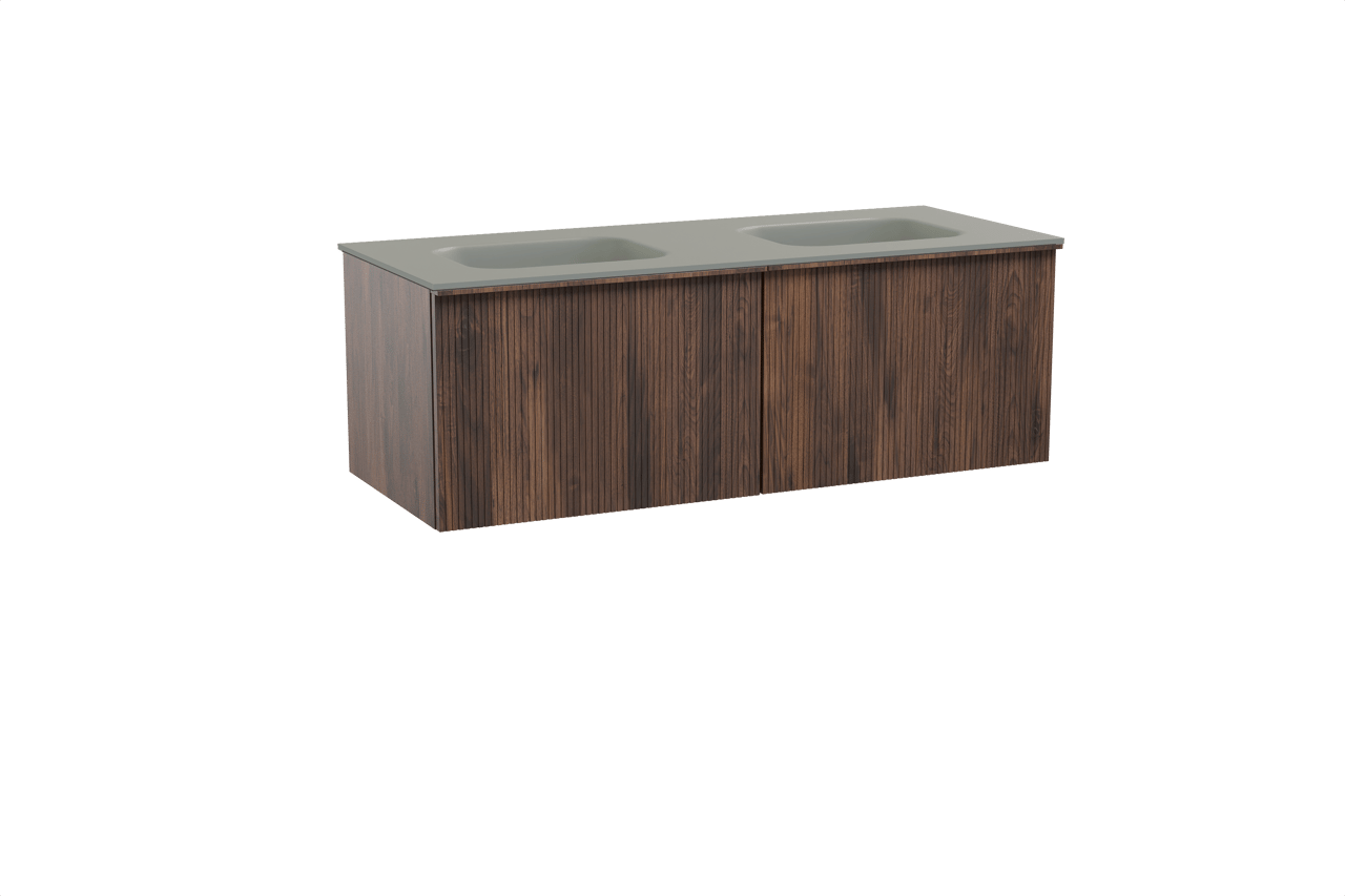 Balmani Forma zwevend badkamermeubel 135 x 55 cm amerikaanse notelaar met Tablo Arcato dubbele wastafel in solid surface steengrijs, Verticale symmetrische rechte ribbel