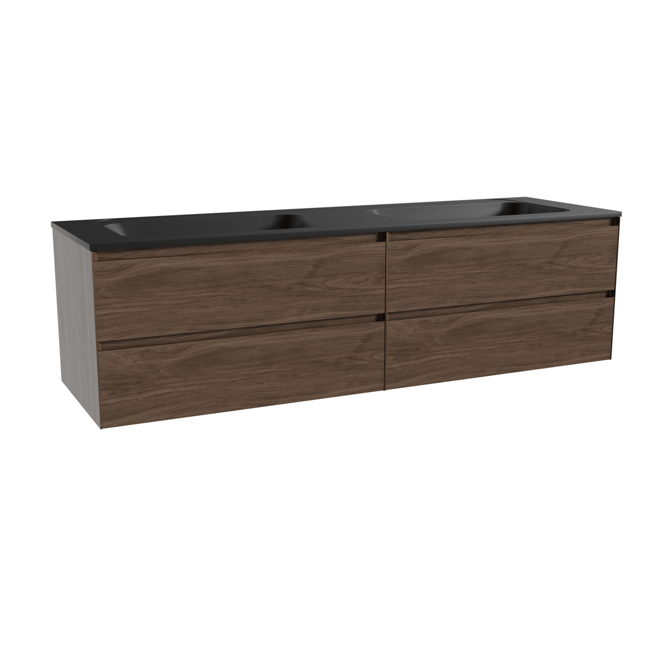 Balmani Mitra hängendes Möbelstück Set: 180 x 55 cm, Amerikanischer Nussbaum, mit Tablo Strada Doppelwaschtisch, Marmorkomposit Schwarz matt