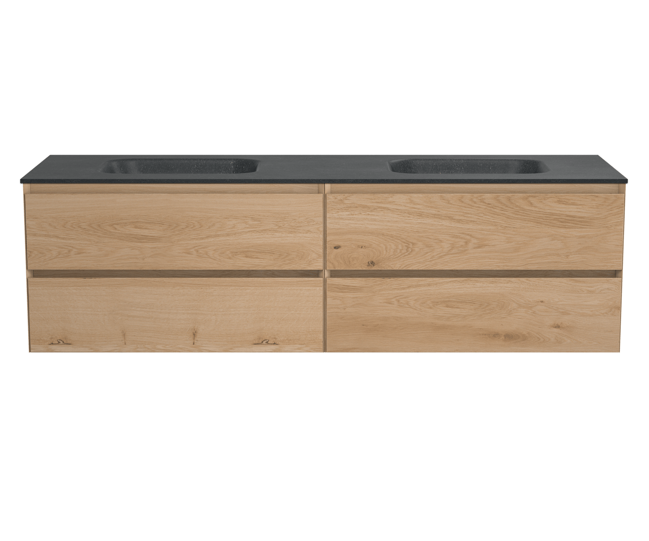 Balmani Mitra zwevend badkamermeubel 180 x 55 cm naturel eiken met Tablo Arcatto dubbele wastafel in verzoete graniet