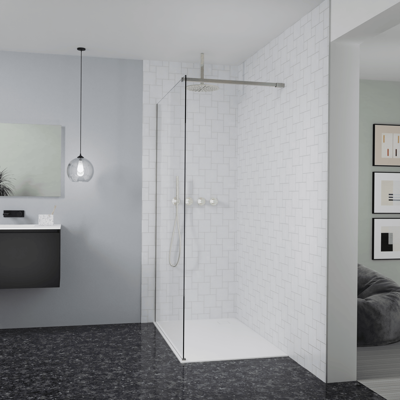 Balmani Modular Walk-In Dusche: 130 x 200 cm, Klarglas, inklusive Coating, Profil Brushed CoolMetal