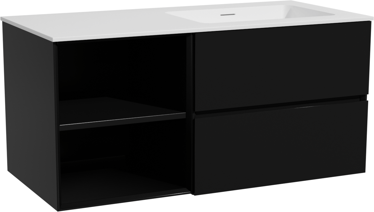 Storke Edge meuble salle de bains suspendu 110 x 52 cm noir mat avec Mata plan vasque asymétrique à droite en solid surface blanc mat