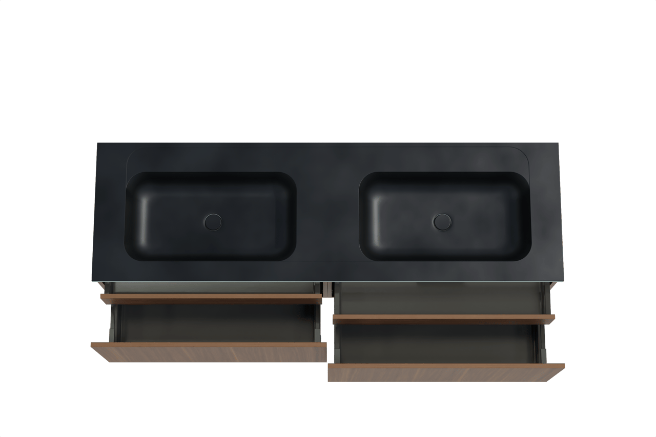 Balmani Sfera zwevend badkamermeubel 180 x 55 cm amerikaanse notelaar met Tablo Strada dubbele wastafel in composietmarmer mat zwart