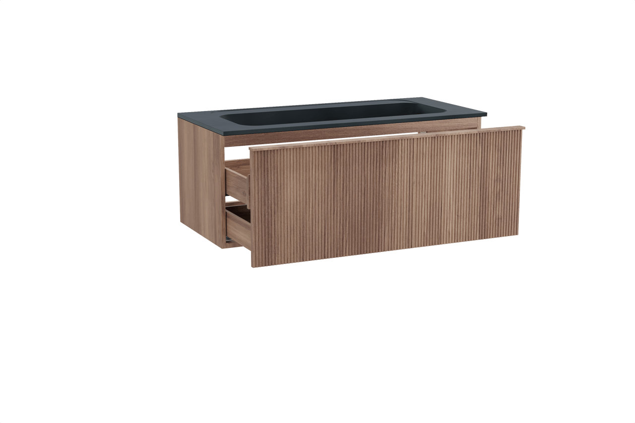 Balmani Forma hängendes Möbelstück Set: 120 x 55 cm, Teak, mit Tablo Strada Einzelwaschtisch für 2 Armaturenlöcher, Marmorkomposit, Schwarz matt, Vertikale symmetrische gerade Rippe