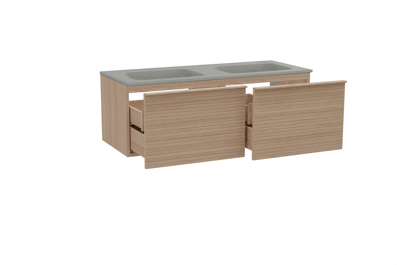 Balmani Forma zwevend badkamermeubel 135 x 55 cm natuur eik met Tablo Strada dubbele wastafel in composietmarmer zijdegrijs, Horizontale symmetrische rechte ribbel