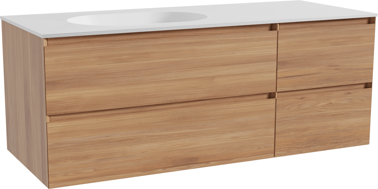 Balmani Mitra hängendes Möbelstück Set: 135 x 55 cm, Teak, mit Tablo Oval Waschtisch links, Solid Surface Weiß matt