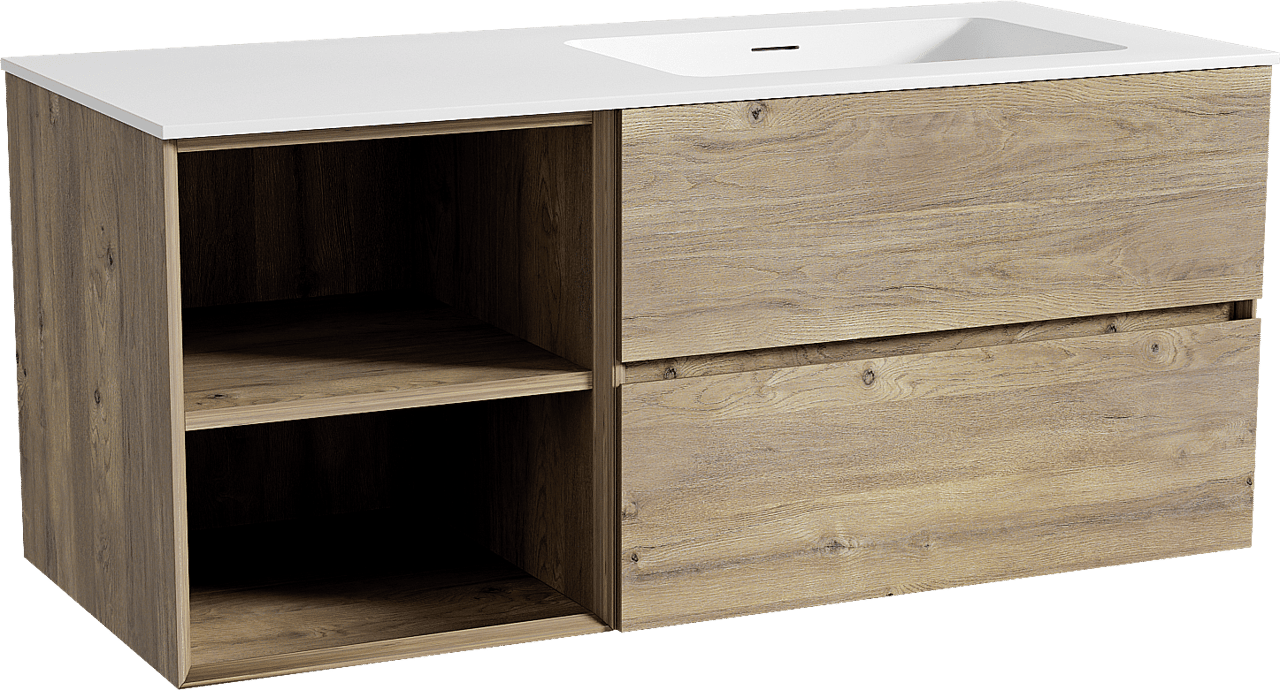 Storke Edge meuble salle de bains suspendu 120 x 52 cm chêne brut avec Mata plan vasque asymétrique à droite en solid surface blanc mat