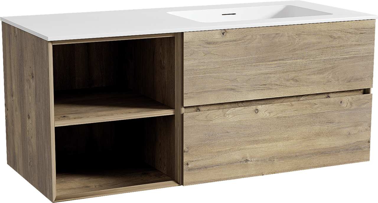 Storke Edge meuble salle de bains suspendu 120 x 52 cm chêne brut avec Mata plan vasque asymétrique à droite en solid surface blanc mat