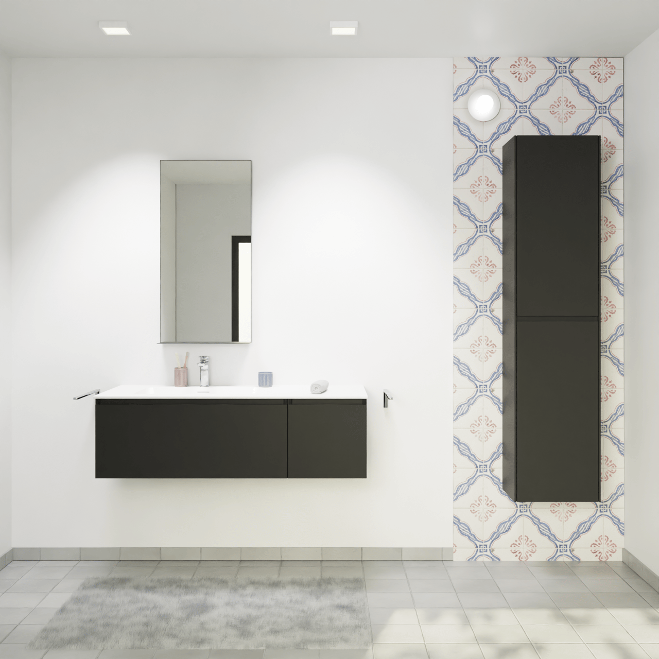 Storke Edge hängendes Möbelstück Set: 120 x 52 cm, Schwarz matt, mit Mata Waschtisch links, Solid Surface Weiß matt