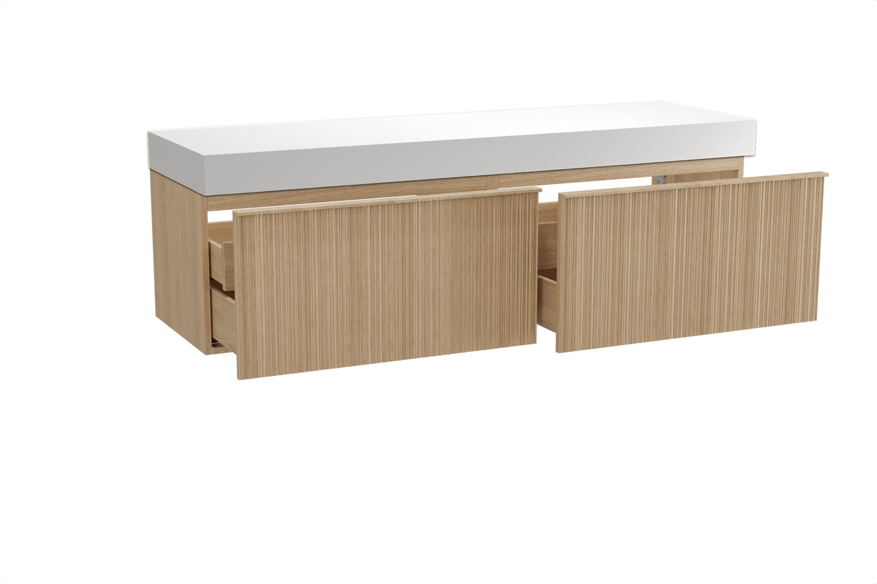 Balmani Forma meuble salle de bains suspendu 180 x 55 cm chêne naturel avec Dominus tablette simple ou double en solid surface blanc mat, Nervure circulaire asymétrique verticale