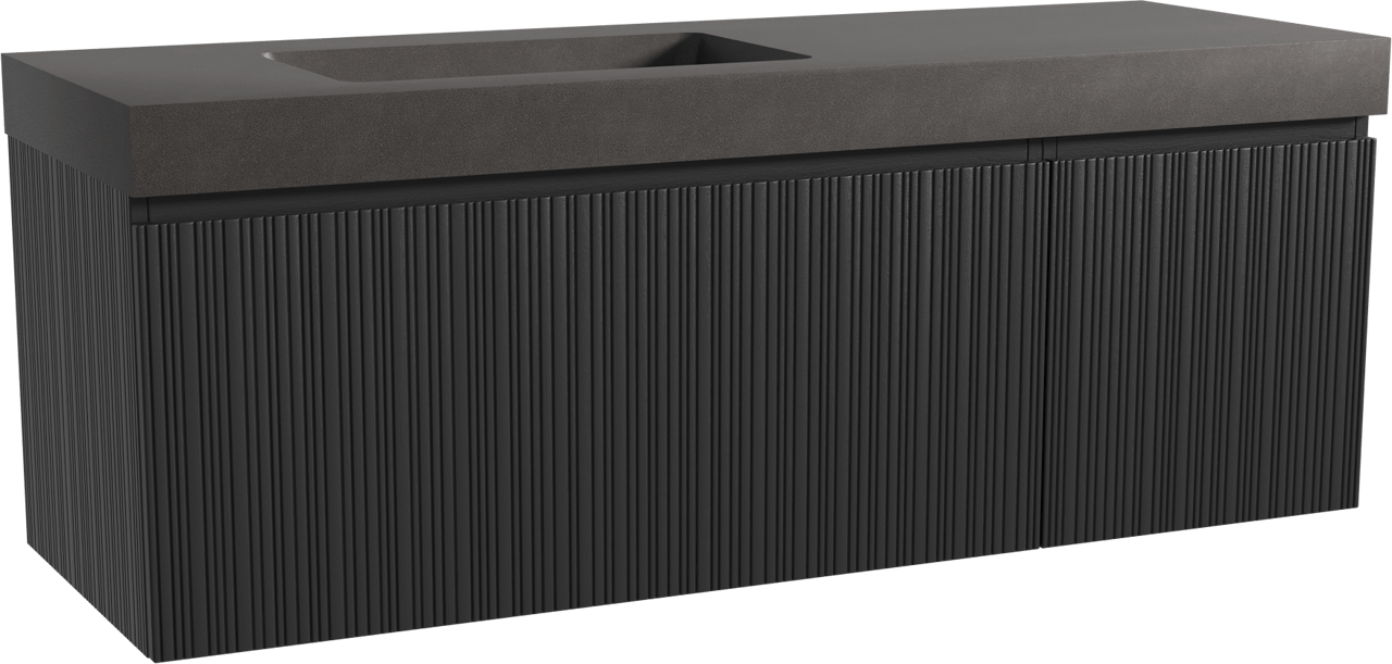 Storke Ribs zwevend badmeubel 150 x 52 cm zwart eiken met Scuro High asymmetrisch linkse wastafel in kwarts mat zwart, Verticale asymmetrische rechte ribbel