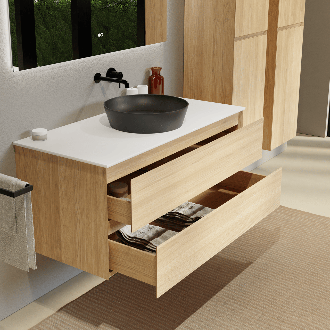 Balmani Mitra meuble salle de bains suspendu 120 x 55 cm chêne naturel avec Stretto tablette simple ou double en solid surface blanc mat