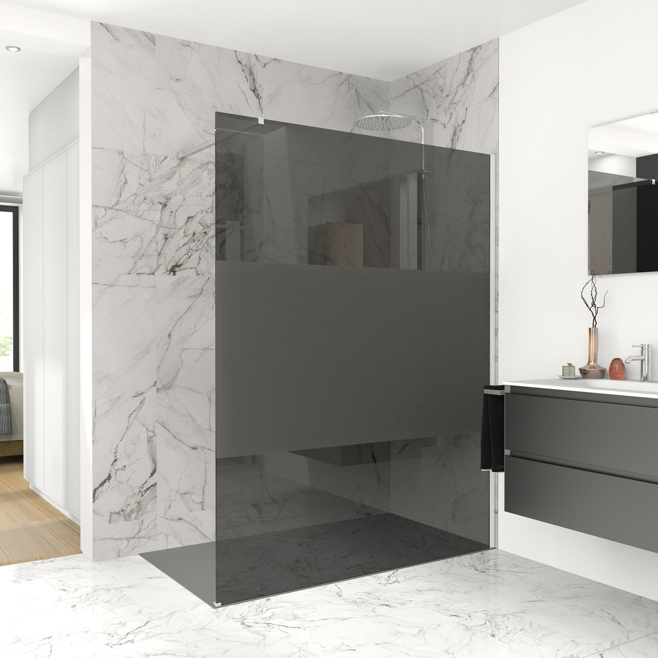 Balmani Modular inloopdouche 120 x 200 cm rookglas met matte strook glanzend chroom profiel