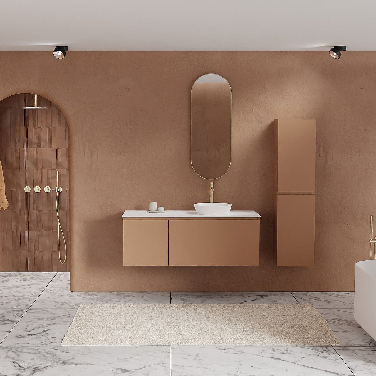 Balmani Sfera zwevend badkamermeubel 135 x 55 cm cotto met Stretto enkel of dubbel tablet in solid surface mat wit