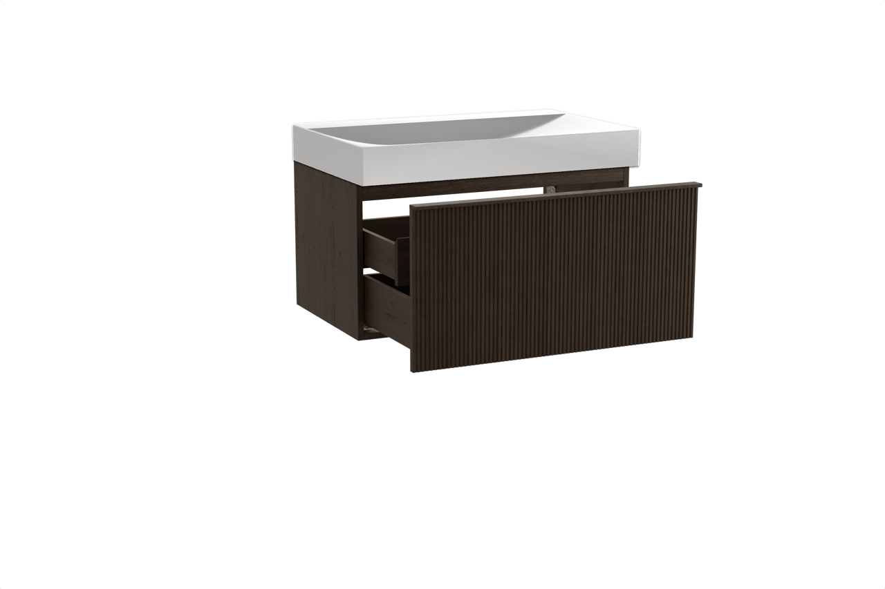 Balmani Forma meuble salle de bains suspendu 90 x 55 cm chêne fumé avec Wave plan simple en solid surface blanc mat, Nervure droite symétrique verticale