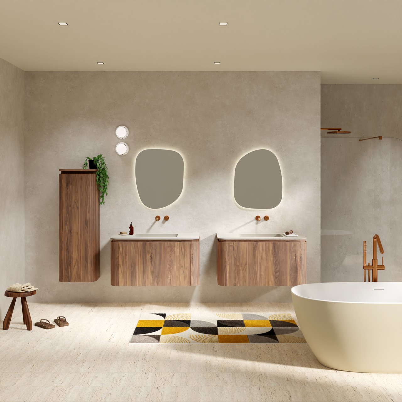 Balmani Moon zwevend badmeubel 100 x 55 cm amerikaans notenhout met Moon enkele wastafel in top solid zijdegrijs