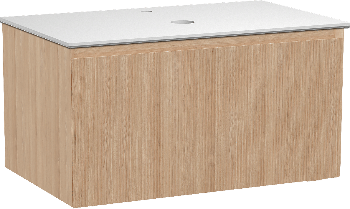 Balmani Fila meuble salle de bains suspendu 90 x 55 cm chêne naturel avec Facetta tablette simple en solid surface blanc mat, Nervure droite symétrique verticale