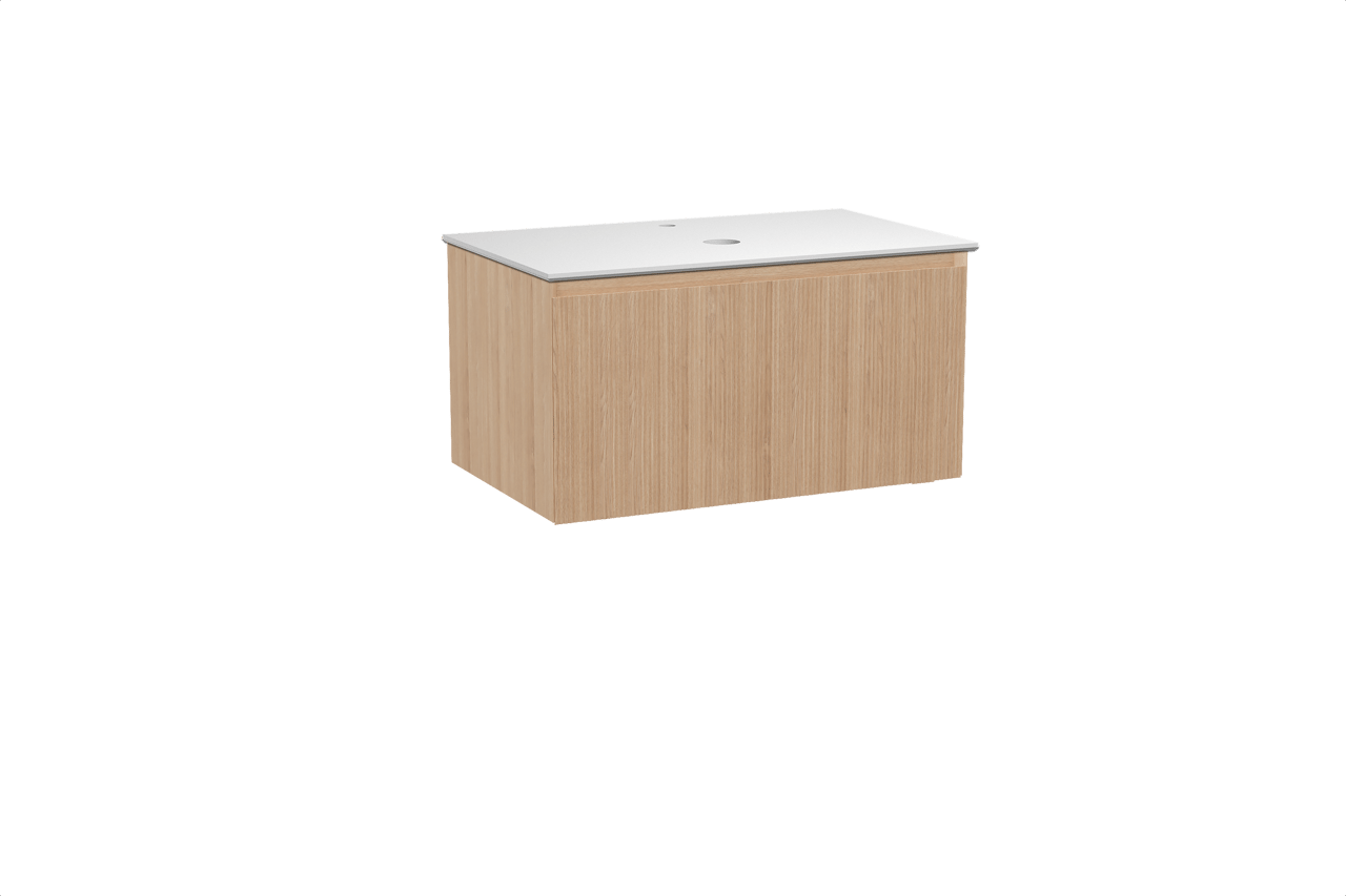 Balmani Fila hängendes Möbelstück Set: 90 x 55 cm, Naturbelassene Eiche, mit Facetta Einzel Waschtischplatte, Solid Surface, Weiß matt, Vertikale symmetrische gerade Rippe