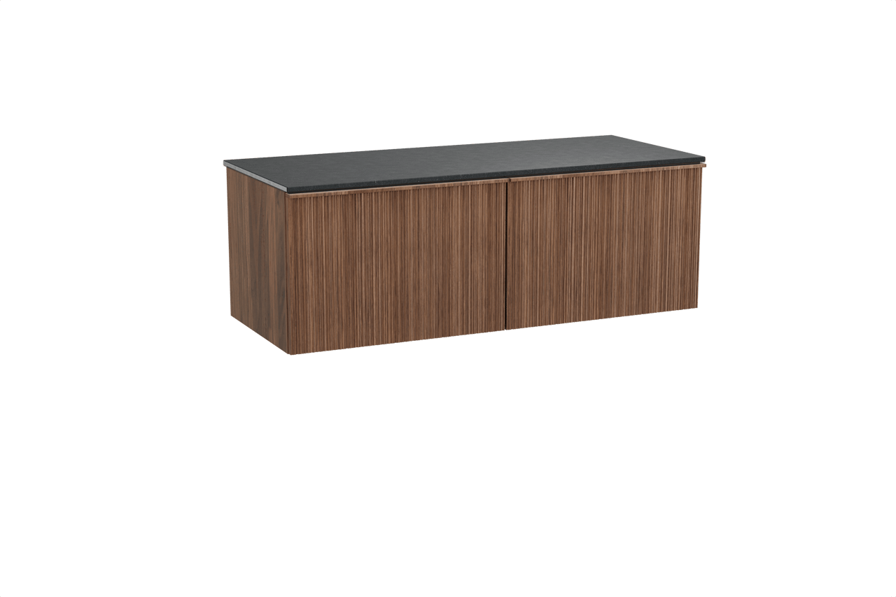 Balmani Forma meuble salle de bains suspendu 135 x 55 cm noyer américain avec Stretto tablette simple ou double en granit noir, Nervure circulaire asymétrique verticale