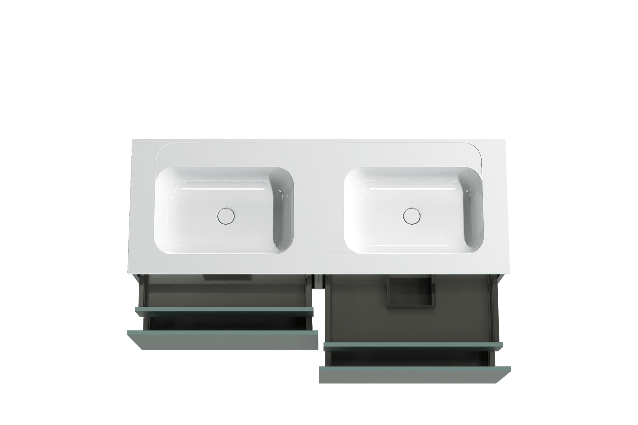 Balmani Sfera hängendes Möbelstück Set: 150 x 55 cm, Forest, mit Tablo Strada Doppelwaschtisch, Marmorkomposit Weiß glänzend