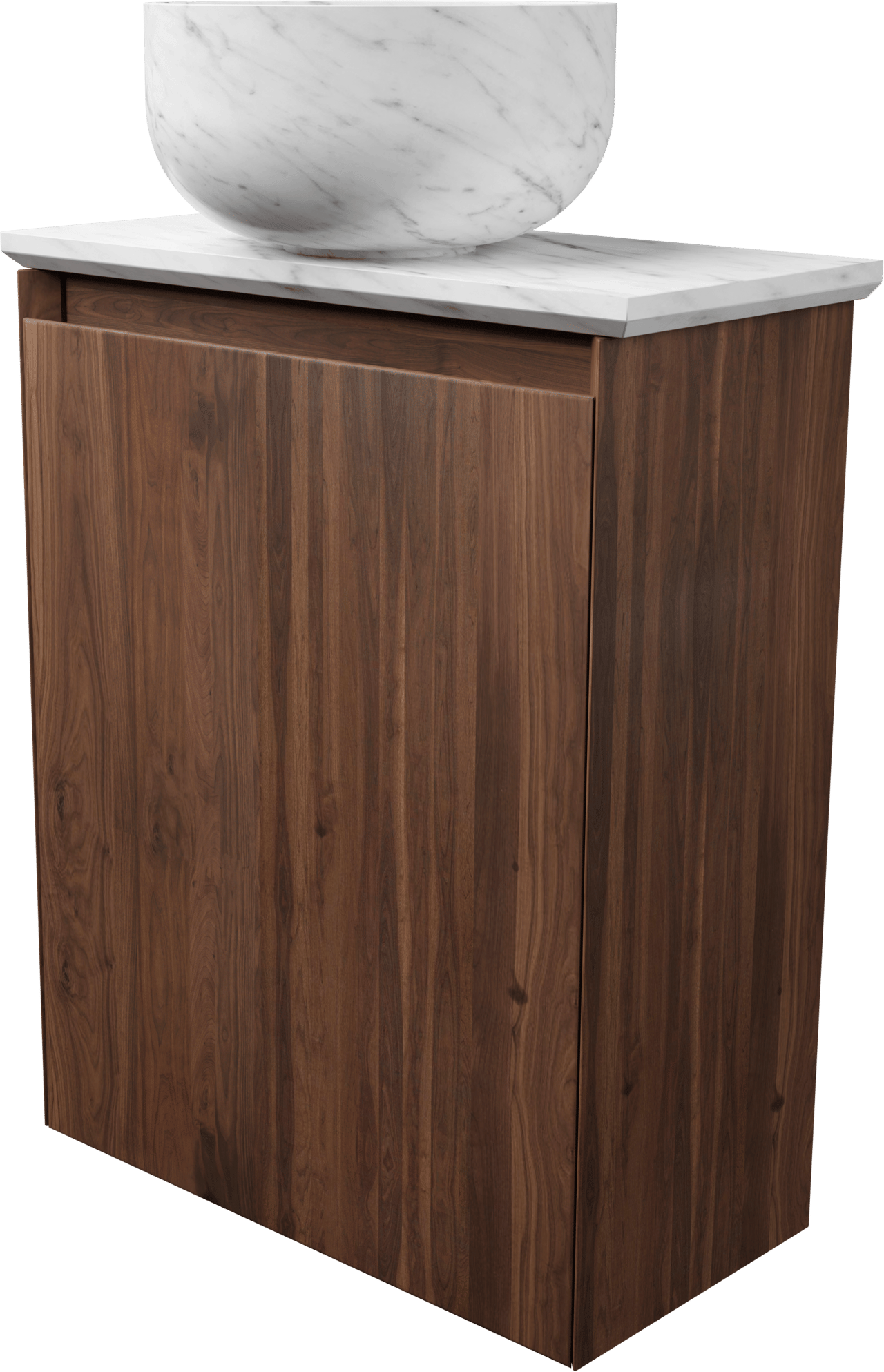 Balmani Mitra zwevend toiletmeubel 42 x 21 cm amerikaanse notelaar met Facetta tablet en Bowl waskom in Carrara marmer