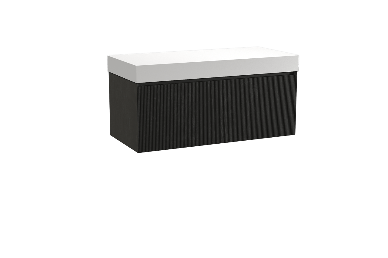 Balmani Fila hängendes Möbelstück Set: 120 x 55 cm, Schwarze Eiche, mit Dominus Einzel- oder Doppel Waschtischplatte, Solid Surface, Weiß matt, Vertikale symmetrische gerade Rippe