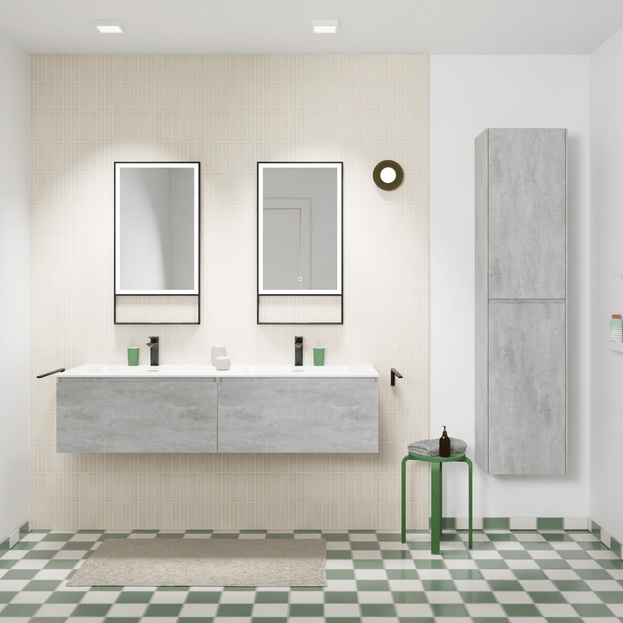 Storke Edge zwevend badmeubel 150 x 52 cm beton donkergrijs met Mata dubbele wastafel in solid surface mat wit