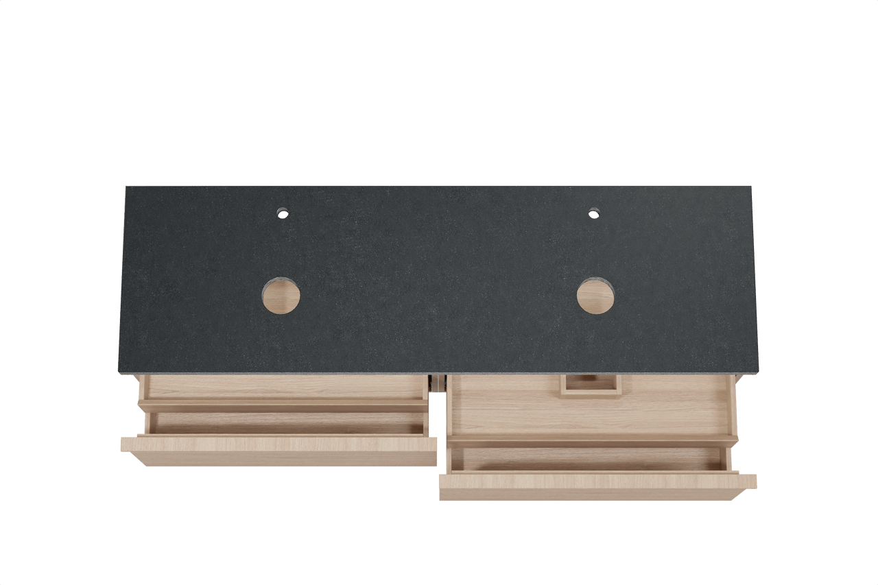 Balmani Forma hängendes Möbelstück Set: 180 x 55 cm, Naturbelassene Eiche, mit Rock Doppel Waschtischplatte, Granit, Schwarzes Granit, Horizontale symmetrische gerade Rippe