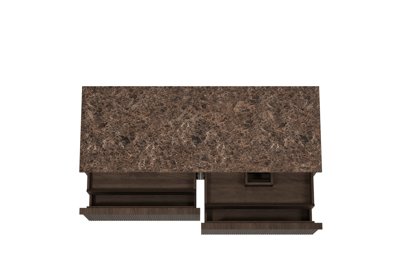 Balmani Forma hängendes Möbelstück Set: 150 x 55 cm, Geräucherte Eiche, mit Stretto Einzel- oder Doppel Waschtischplatte, Marmor, Dark Emperador, Vertikale symmetrische gerade Rippe