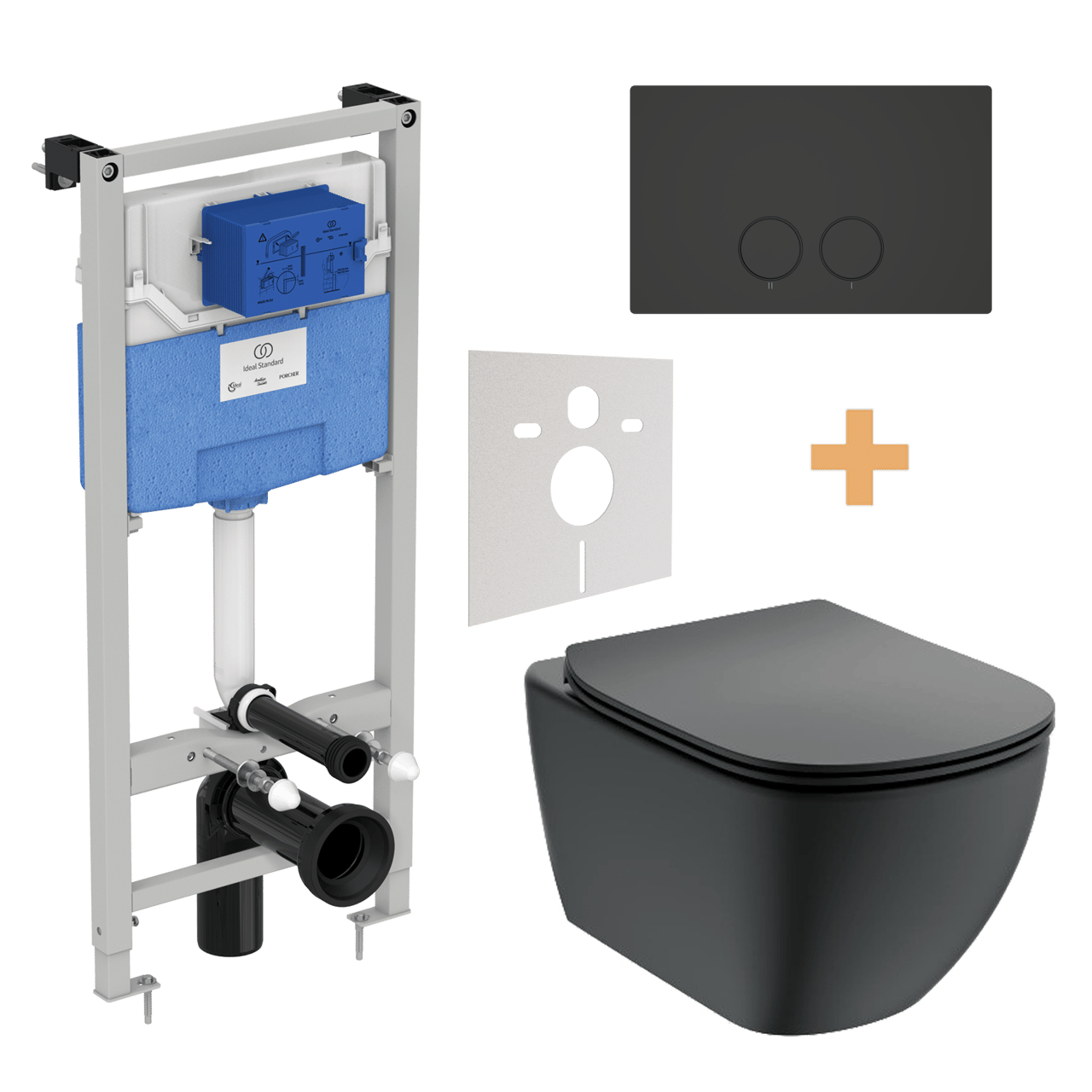 Ideal Standard Tesi wc suspendu noir mat sans rebord avec Ideal Standard ProSys bâti-support et plaque de commande