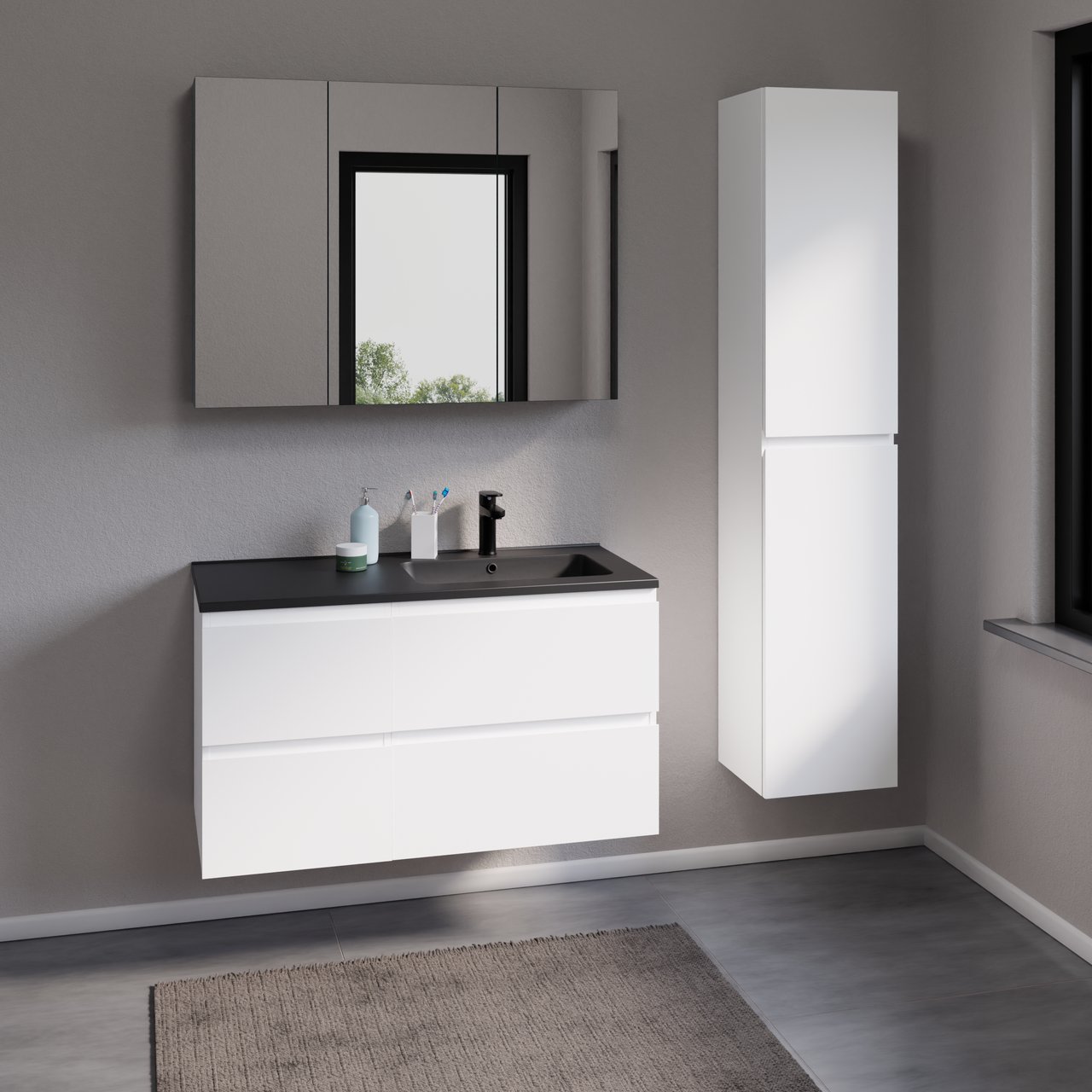 Linie Vano vasque asymétrique droite marbre composite Noir Mat 100 x 46 cm