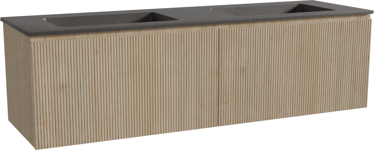 Storke Ribs meuble salle de bains suspendu 170 x 52 cm chêne brut avec Scuro double vasque en quartz noir mat, Nervure droite symétrique verticale