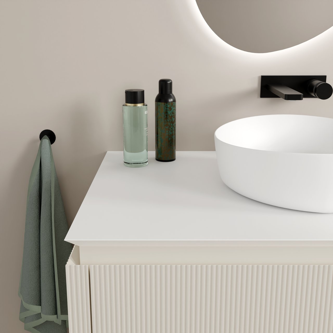 Balmani Eclips meuble salle de bains suspendu 120 x 55 cm Sandbeige avec Eclips tablette simple ou double en Solid Surface blanc mat, Nervure droite symétrique verticale