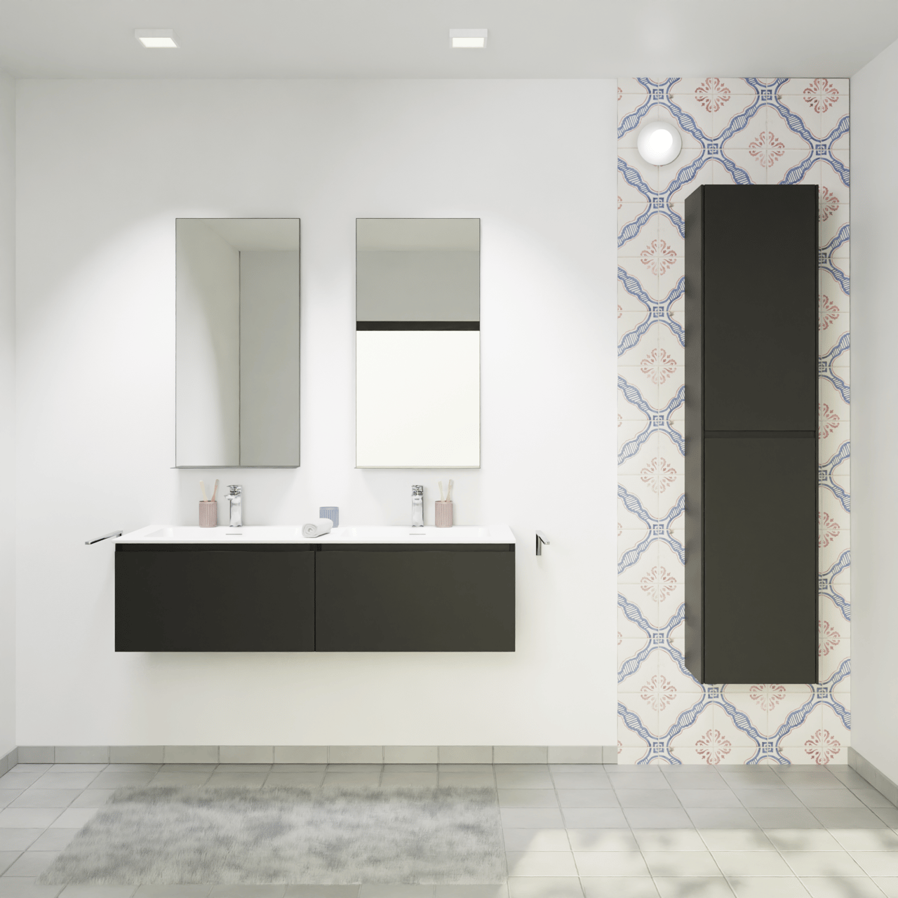 Storke Edge meuble salle de bains suspendu 130 x 52 cm noir mat avec Mata double vasque en solid surface blanc mat