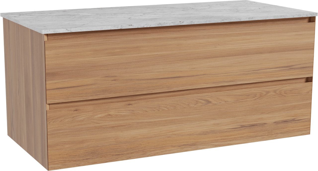 Balmani Mitra hängendes Möbelstück Set: 120 x 55 cm, Teak, mit Stretto Einzel- oder Doppel Waschtischplatte, Marmor Carrara
