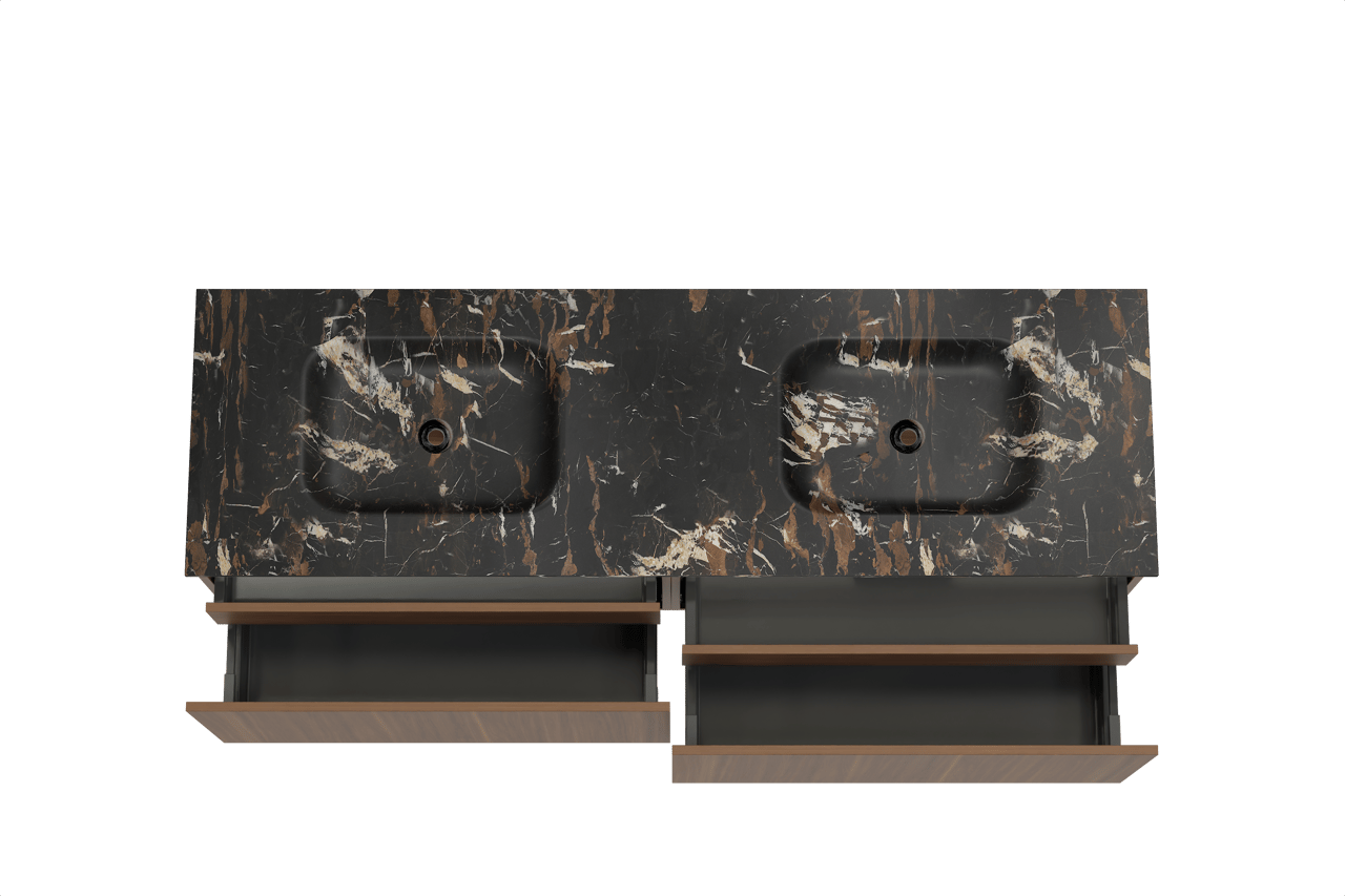 Balmani Sfera hängendes Möbelstück Set: 180 x 55 cm, Amerikanischer Nussbaum, mit Tablo Arcato Doppelwaschtisch, Marmor Portoro Gold