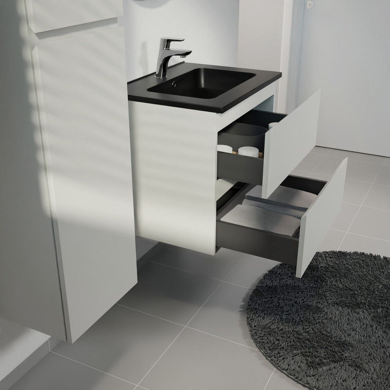 Linie Lado meuble salle de bains suspendu 60 x 46 cm greige avec Vano plan simple en marbre composite noir mat