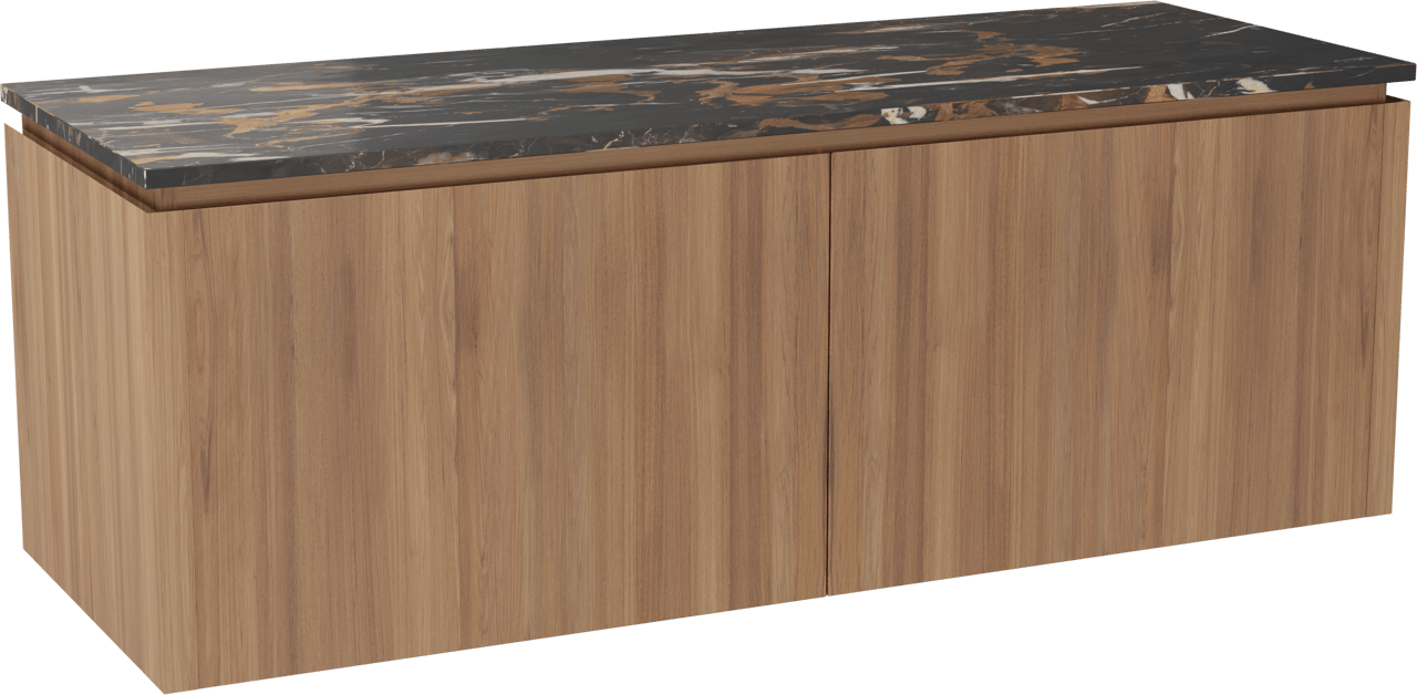 Balmani Eclips meuble salle de bains suspendu 150 x 55 cm Teck avec Stretto tablette simple ou double vasque en Portoro Gold marbre