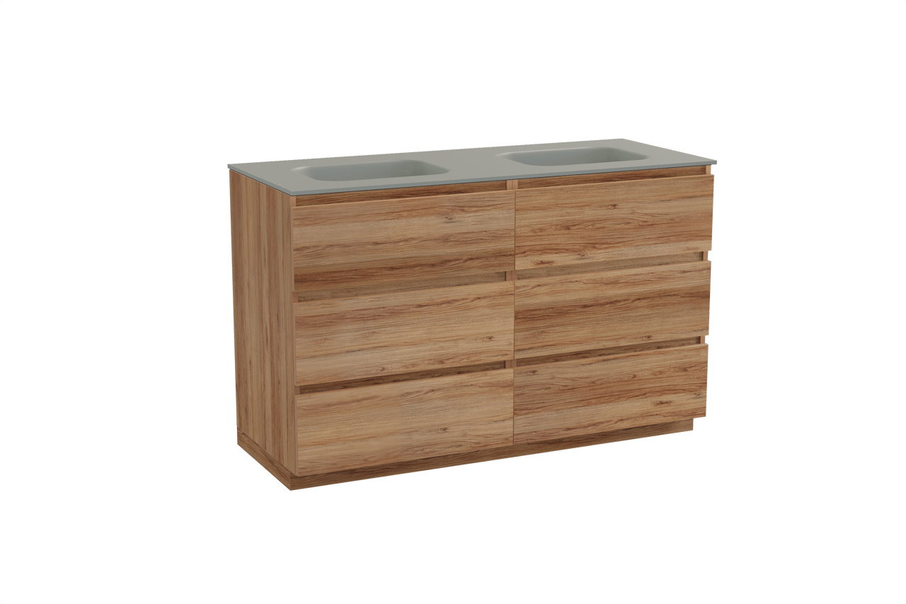 Balmani Lucida freistehendes Möbelstück Set: 135 x 55 cm, Teak, mit Tablo Arcato Doppelwaschtisch, Solid Surface Steingrau