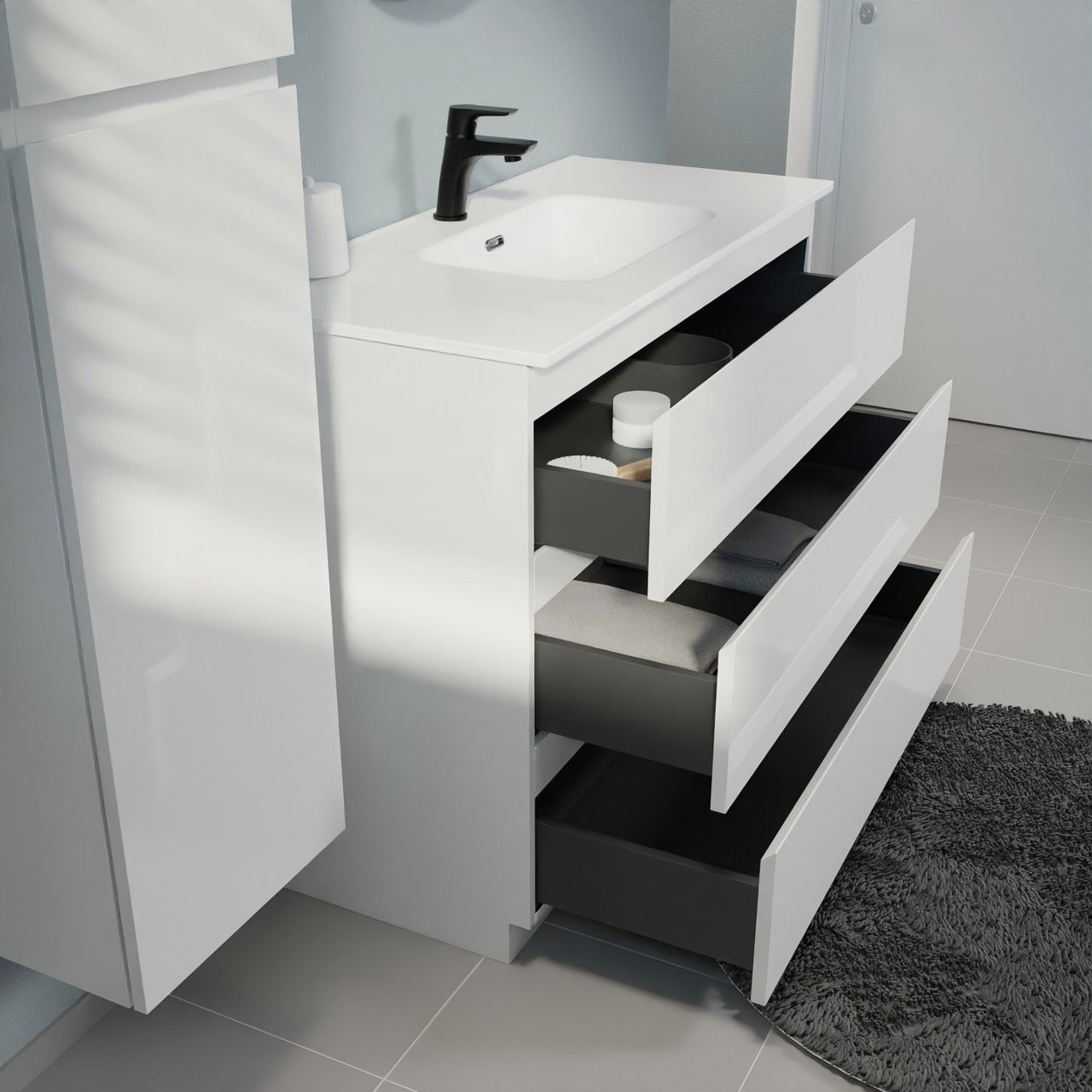 Linie Lado staand badkamermeubel 100 x 46 cm mat wit met Baro enkele wastafel in porselein glanzend wit