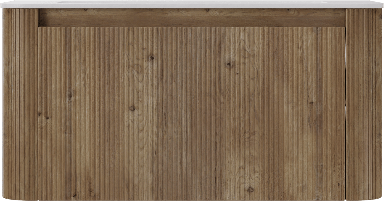 Storke Soft zwevend badmeubel 100 x 46 cm ruw eiken met Mata Soft enkele wastafel in solid surface mat wit, Verticale symmetrische rechte ribbel