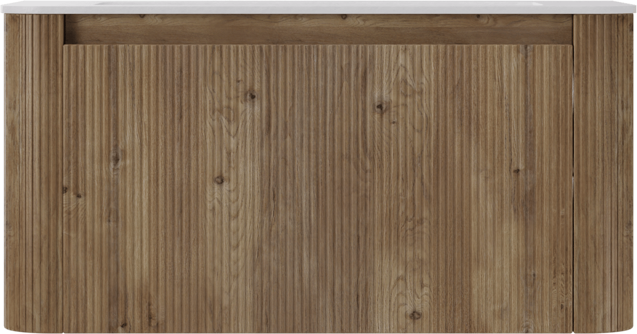 Storke Soft meuble salle de bains suspendu 100 x 46 cm chêne brut avec Mata Soft plan simple en Solid Surface blanc mat, Nervure droite symétrique verticale