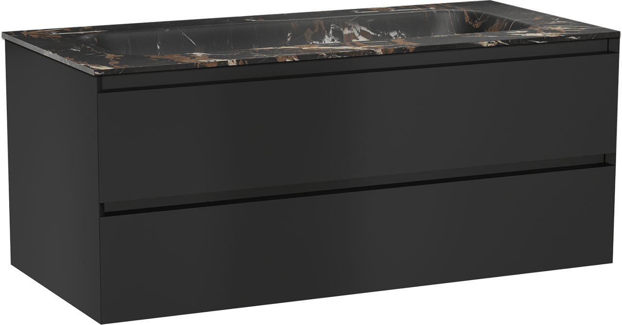 Balmani Mitra meuble salle de bains suspendu 120 x 55 cm noir mat avec Tablo Arcato plan simple pour 2 trous de robinet en marbre portoro gold