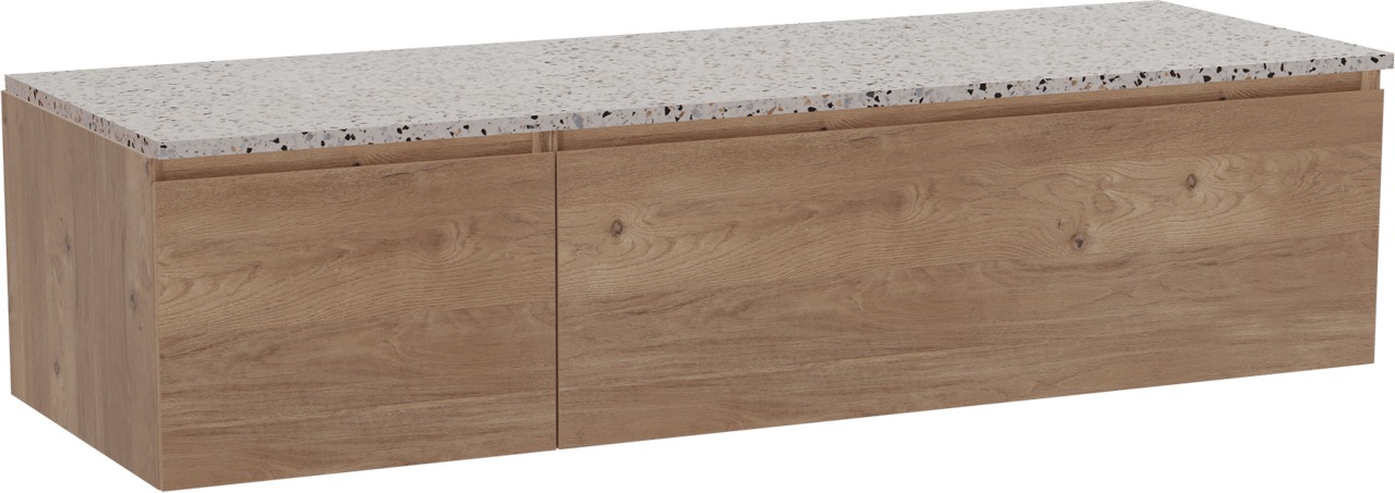 Storke Edge hängendes Möbelstück Set: 150 x 52 cm, Rohe Eiche, mit Tavola Einzel- oder Doppel Waschtischplatte, Terrazzo in Weiß/Schwarz matt